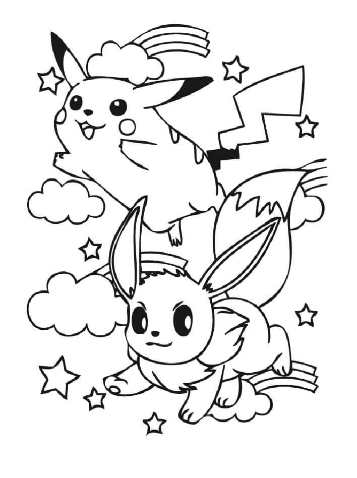 Adorable Eevee and Pikachu coloring page