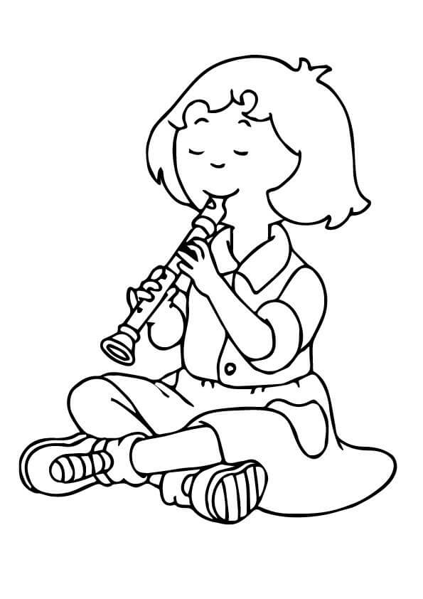 앉아있는 소녀가 플루트를 연주하다
