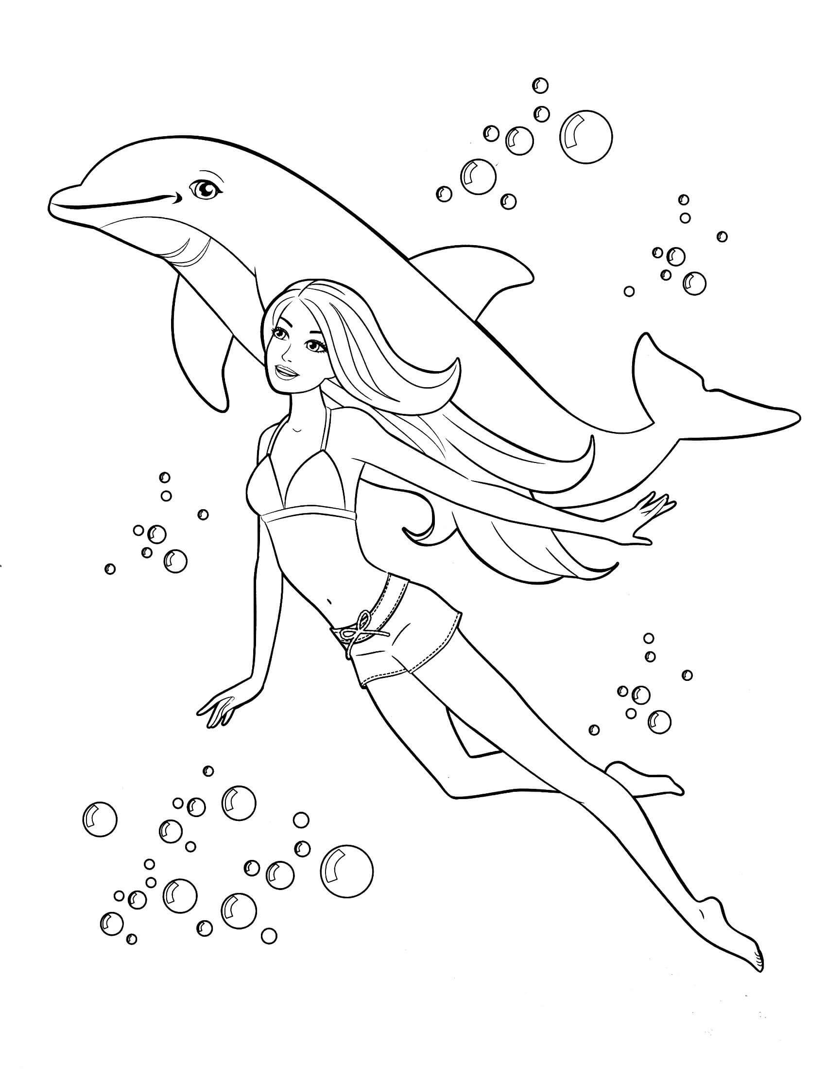 바비와 돌고래 수영 coloring page