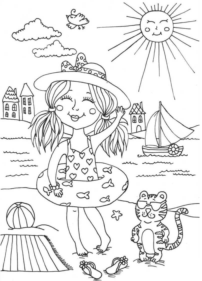 바다에서 수영을 하는 웃는 소녀와 고양이 coloring page