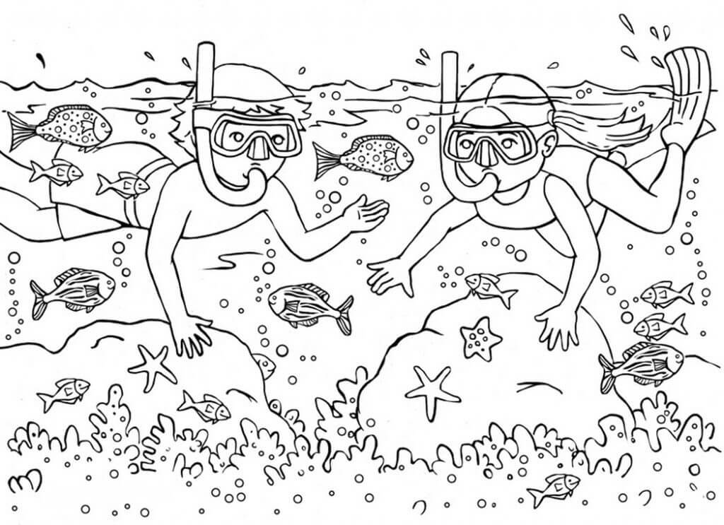 바다에서 수영하는 두 아이 coloring page