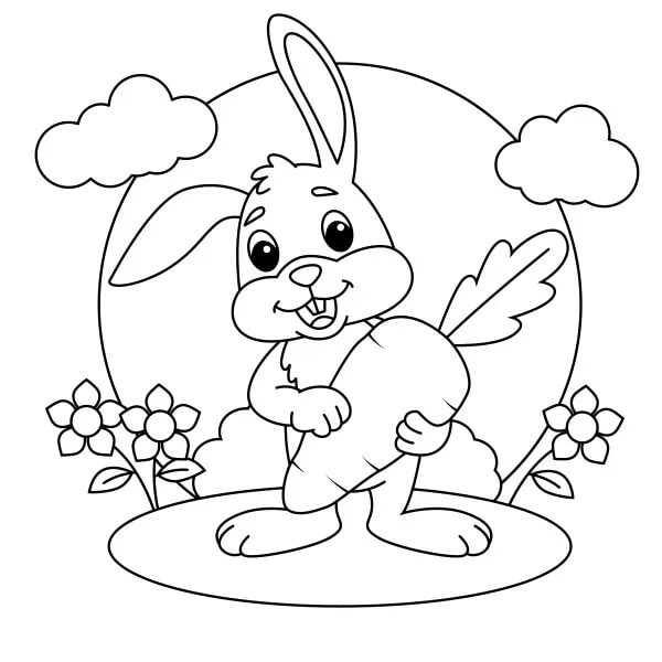 봄에 당근을 들고 있는 토끼 coloring page
