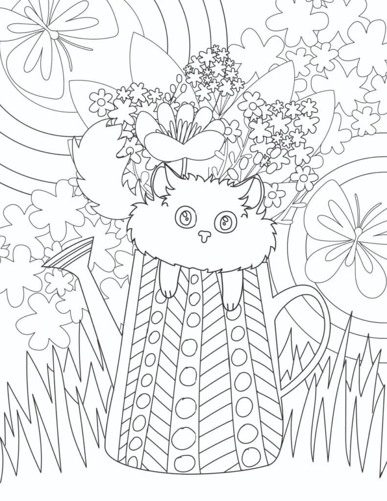 봄에 꽃을 든 고양이 coloring page
