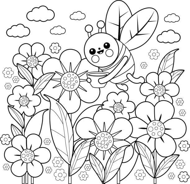 봄에 꽃과 벌 coloring page