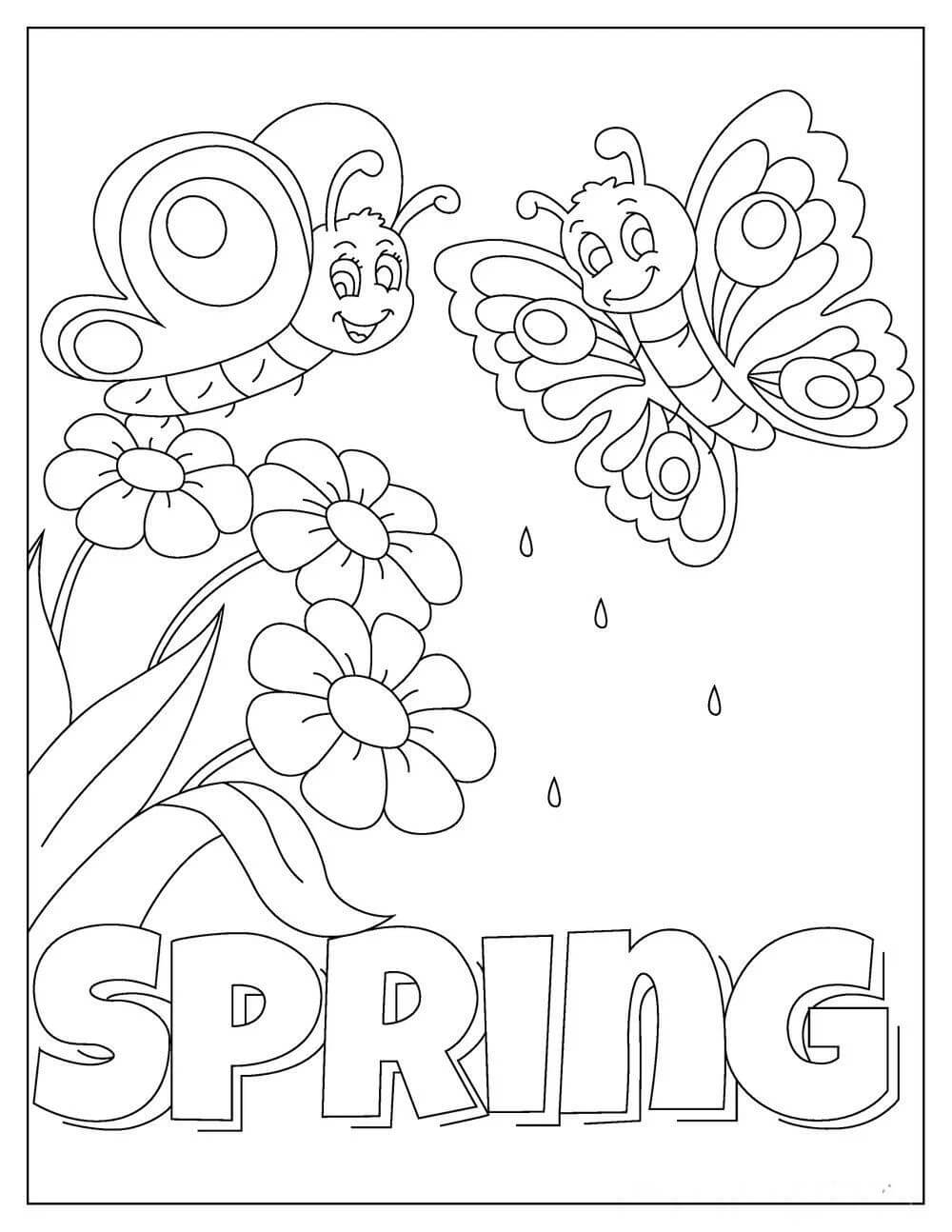 봄에는 두 마리의 나비와 꽃 coloring page