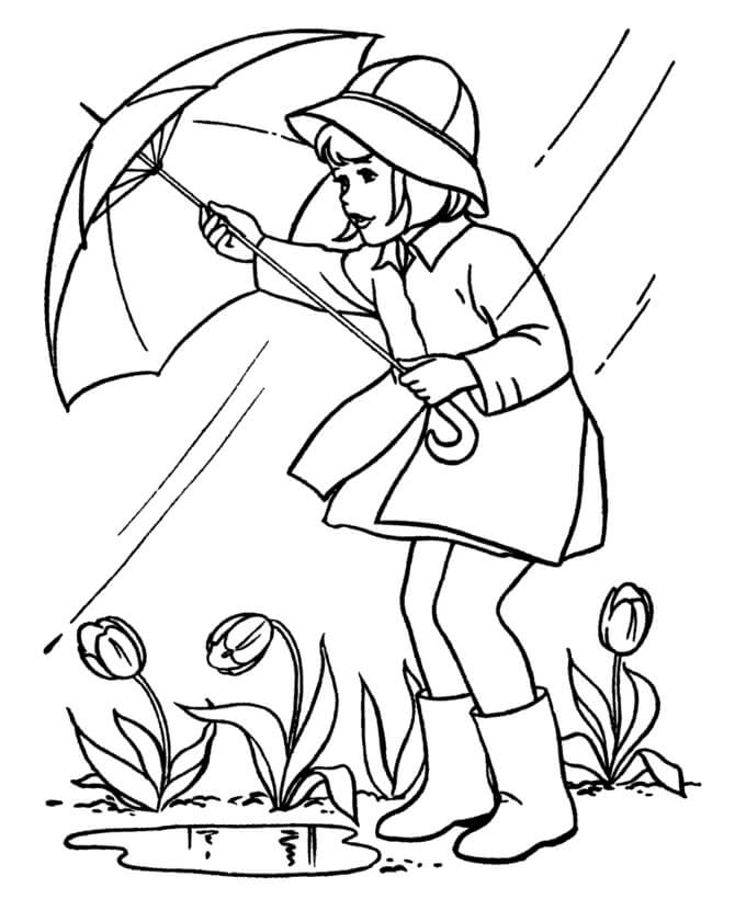 봄에는 우산을 들고 있는 소녀 coloring page