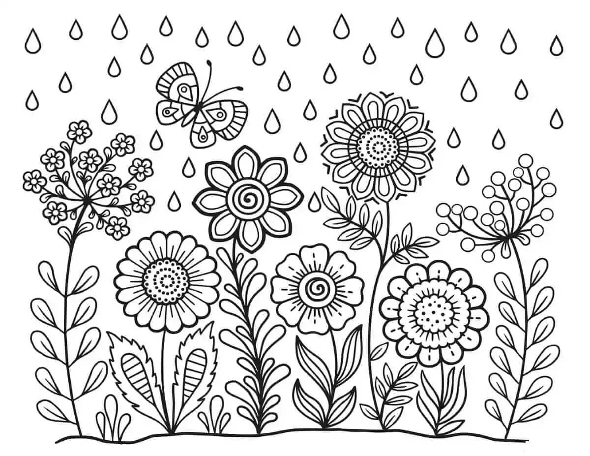 봄비 내리는 꽃밭 coloring page