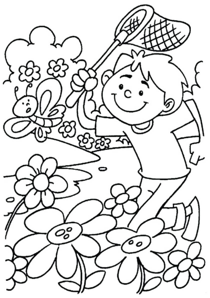 봄날 나비와 함께 있는 아이 coloring page