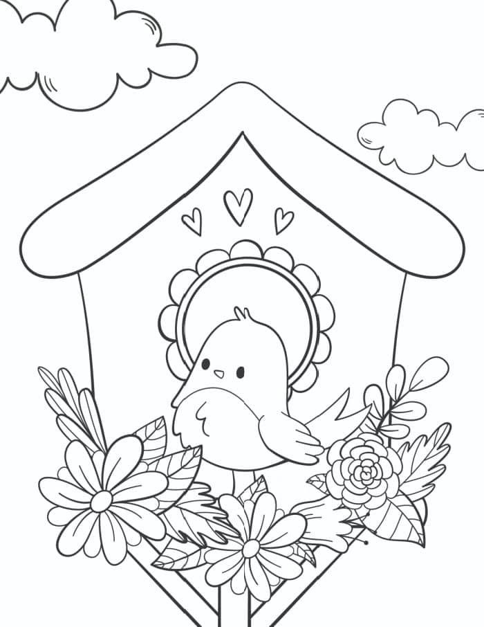 Cute Birds in Nests and Flowers coloring page