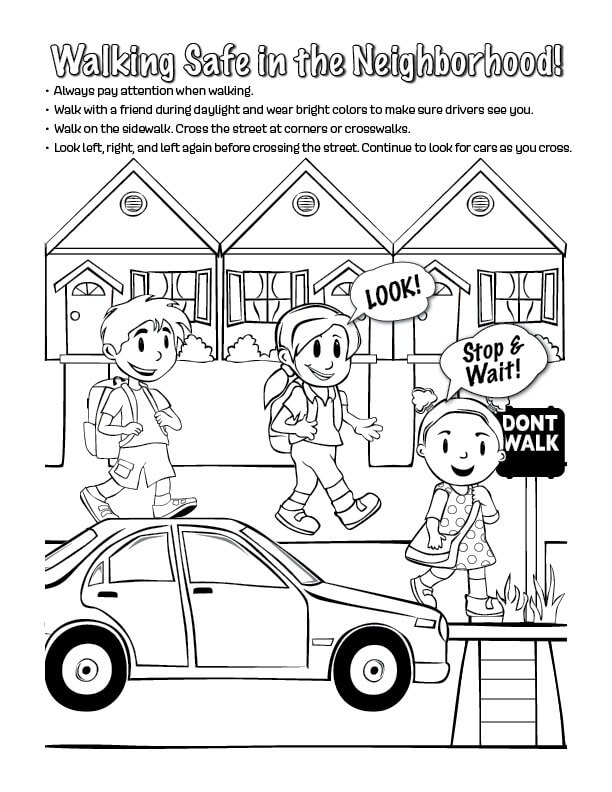 도로 및 거리 안전에 종사하는 세 자녀 coloring page