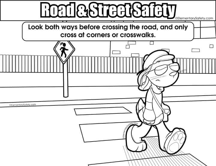 도로 및 거리 안전을 위해 걷는 소녀 coloring page