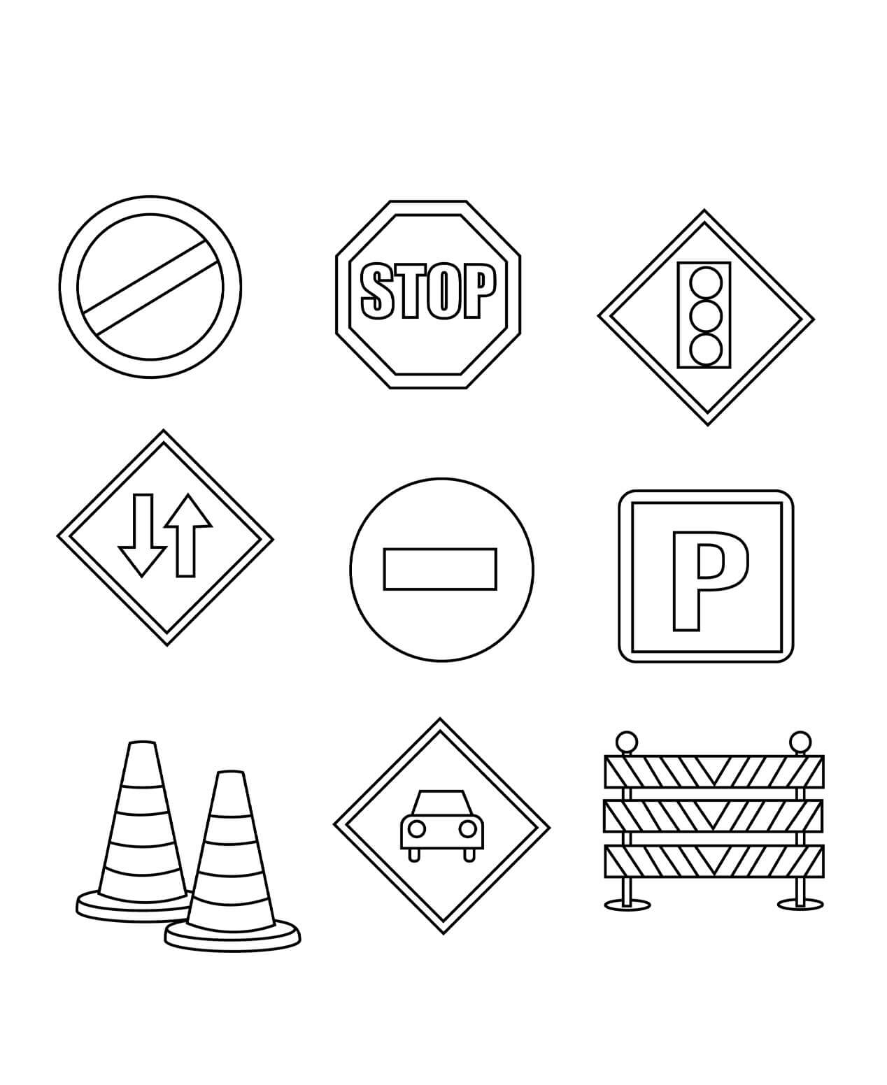 도로 및 거리 안전을 위한 9가지 거리 표지판 coloring page