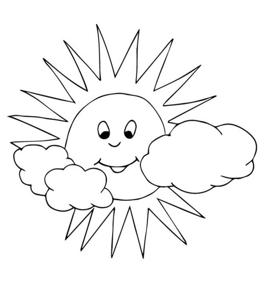 두 개의 구름과 함께 웃는 태양 coloring page