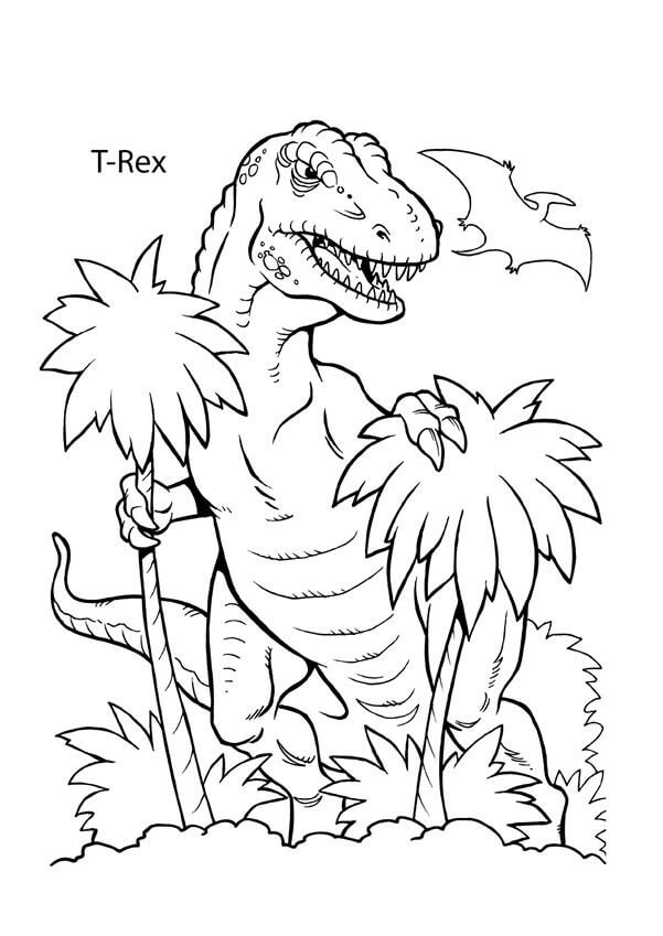 두 그루의 나무를 가진 T-Rex coloring page