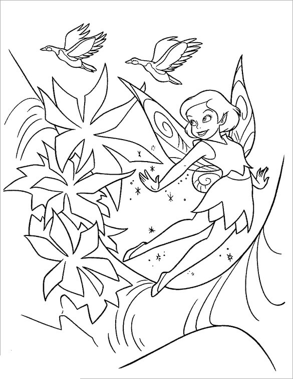 두 마리의 새와 함께 있는 작은 요정 coloring page