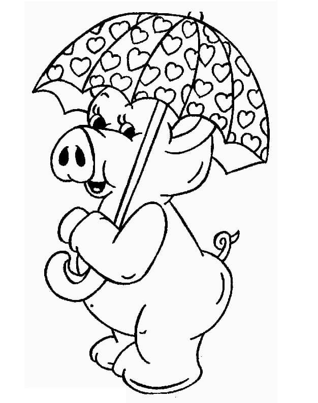 돼지가 우산을 들고 있다 coloring page