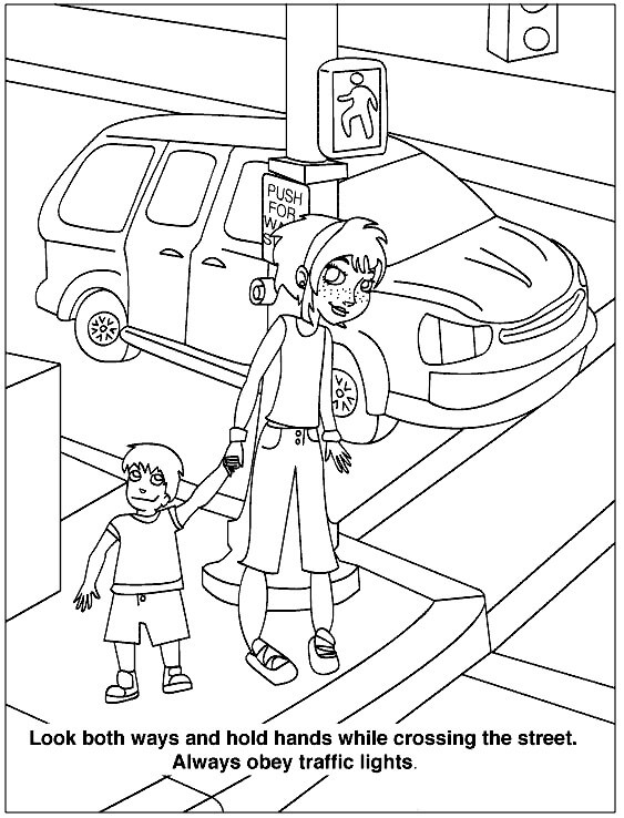 엄마와 아이의 도로 및 거리 안전 coloring page