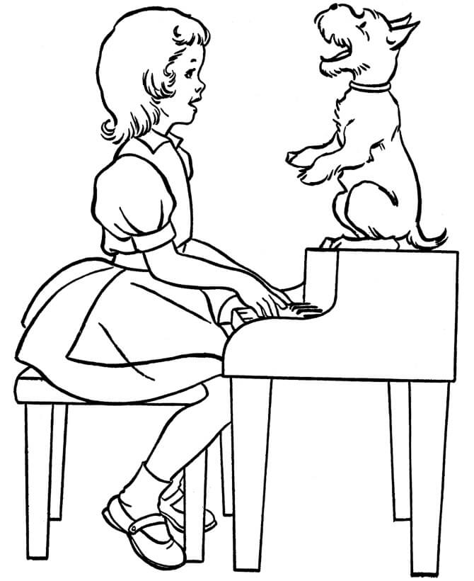 개와 피아노를 연주하는 어린 소녀