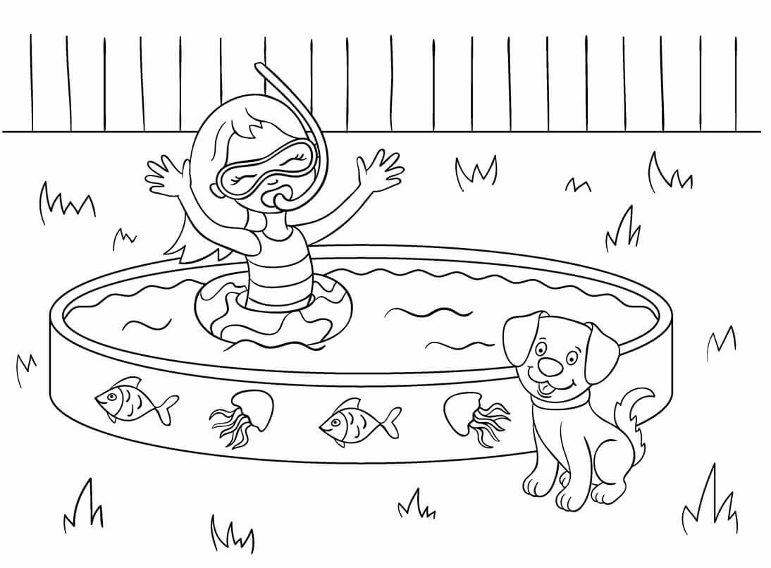 강아지와 함께 수영장에 있는 어린 소녀 coloring page