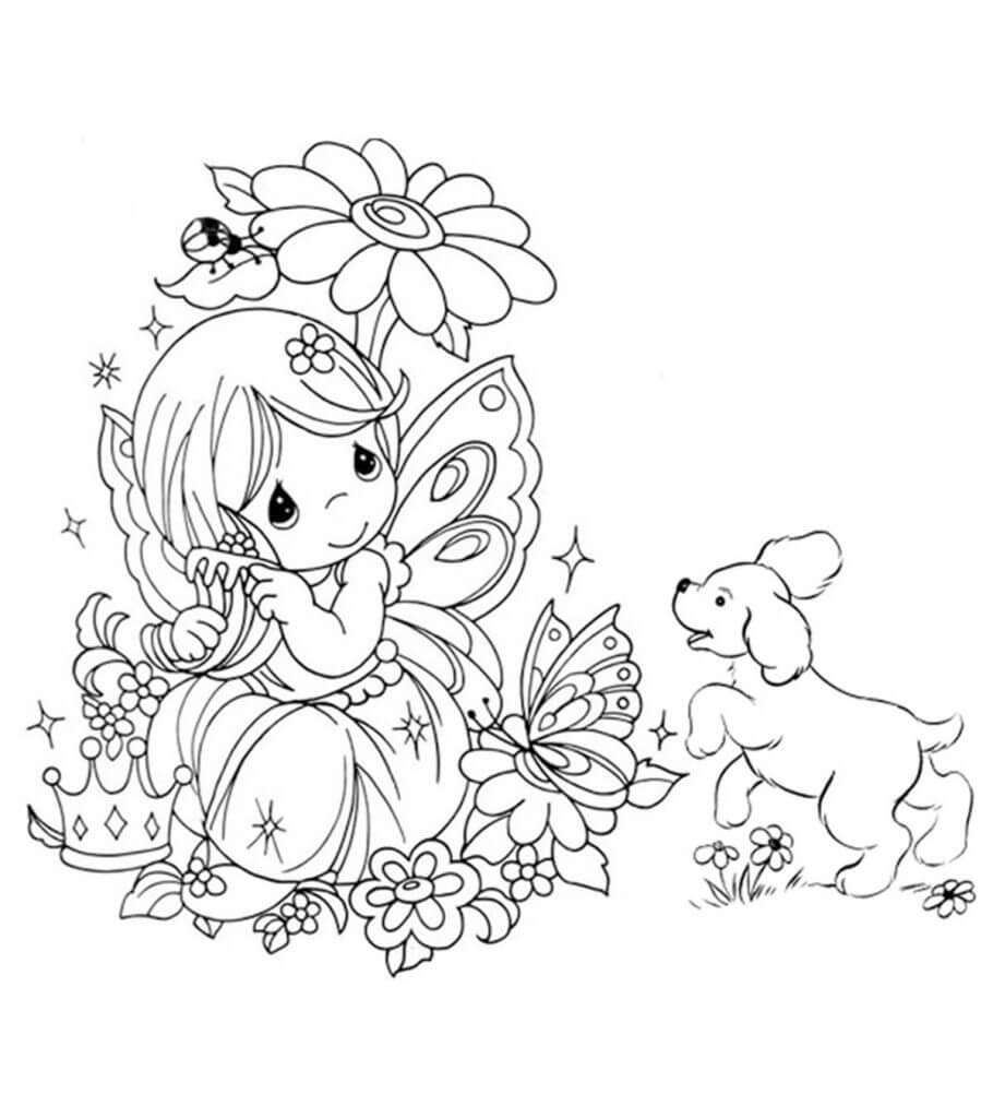 강아지와 함께 웃는 작은 요정 coloring page