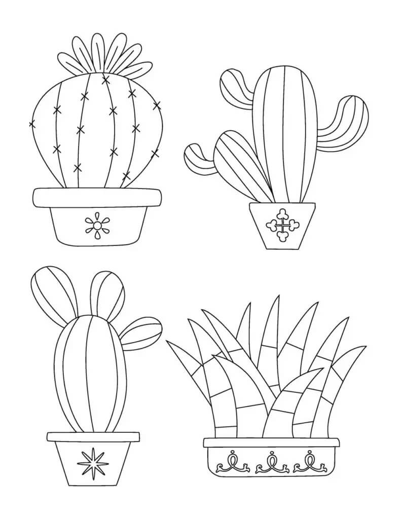 기본 4화분 선인장 coloring page