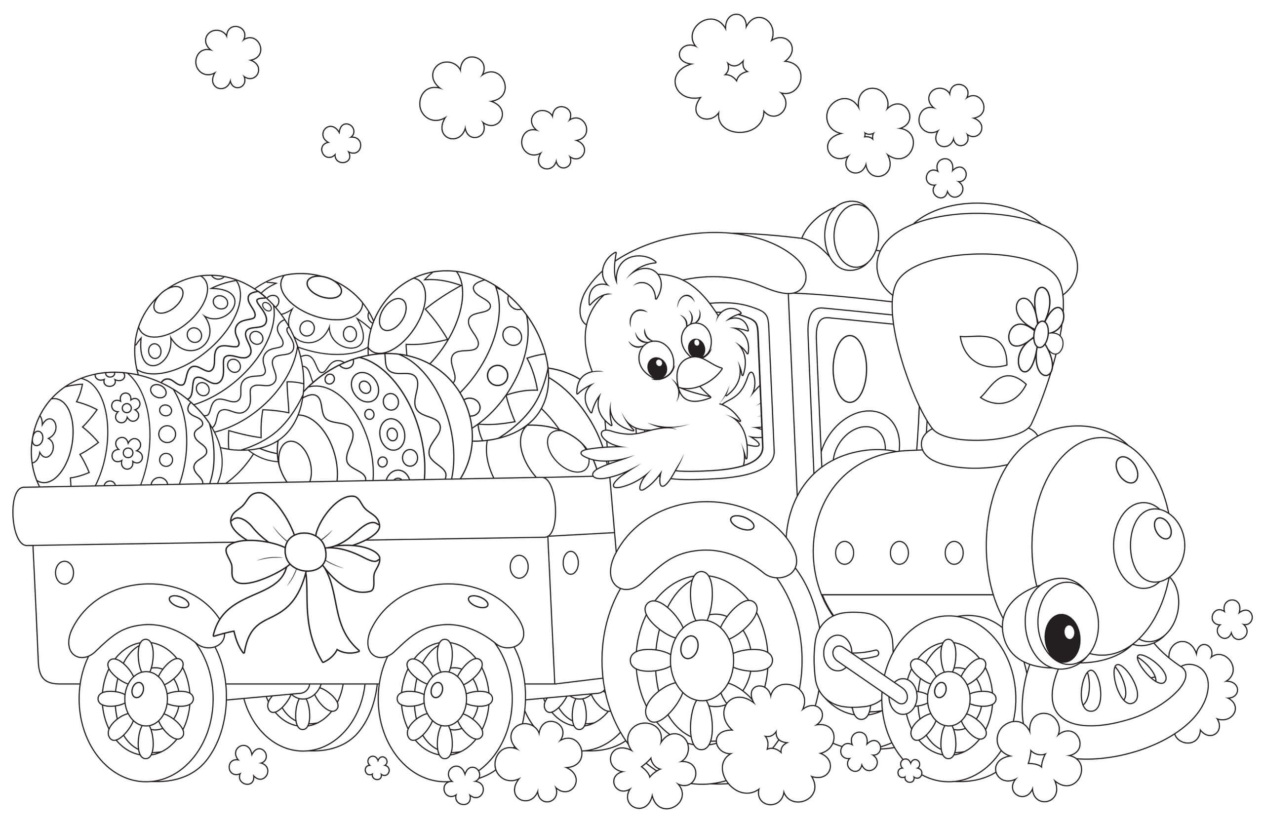 기차 안의 병아리와 부활절 달걀 coloring page