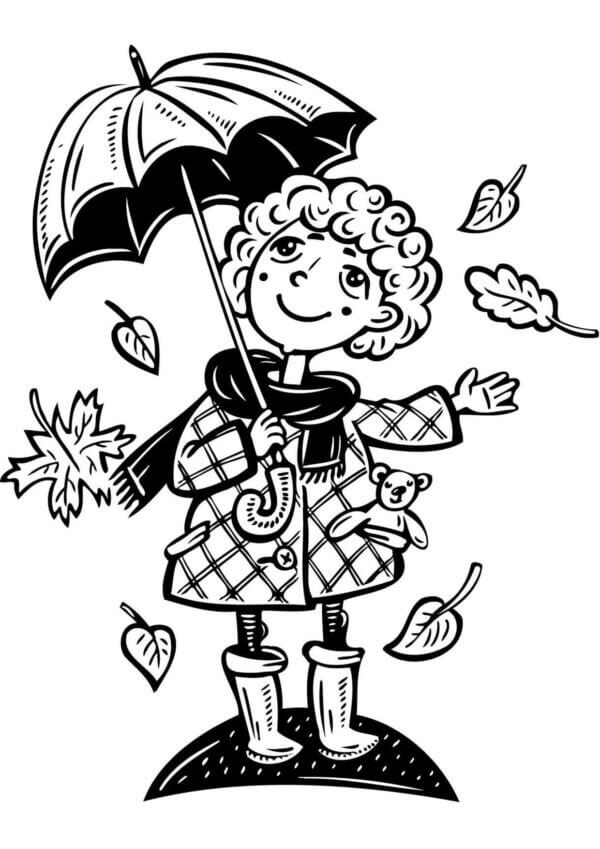 Girl Holding Umbrella in Fall coloring page