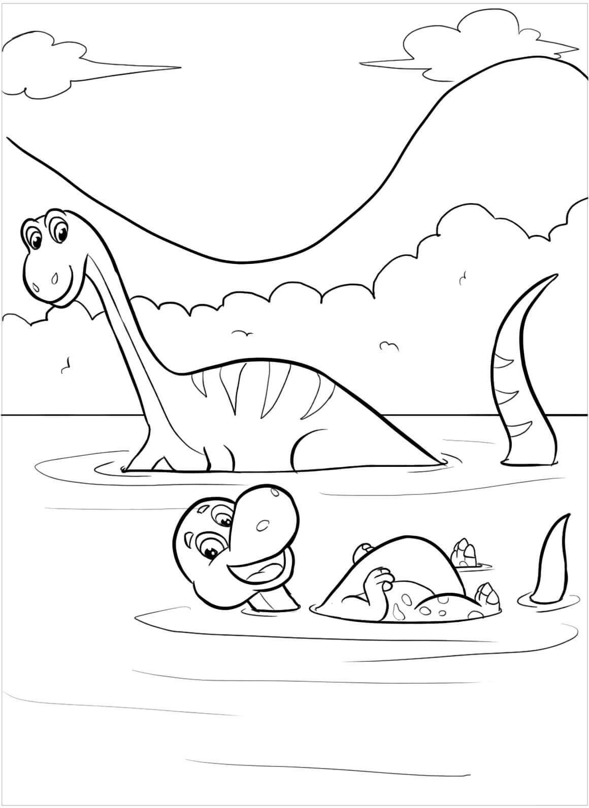 공룡과 아기공룡 수영 coloring page