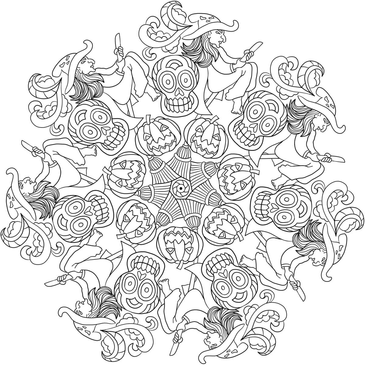 할로윈 만다라에 해골이 있는 마녀와 호박 coloring page