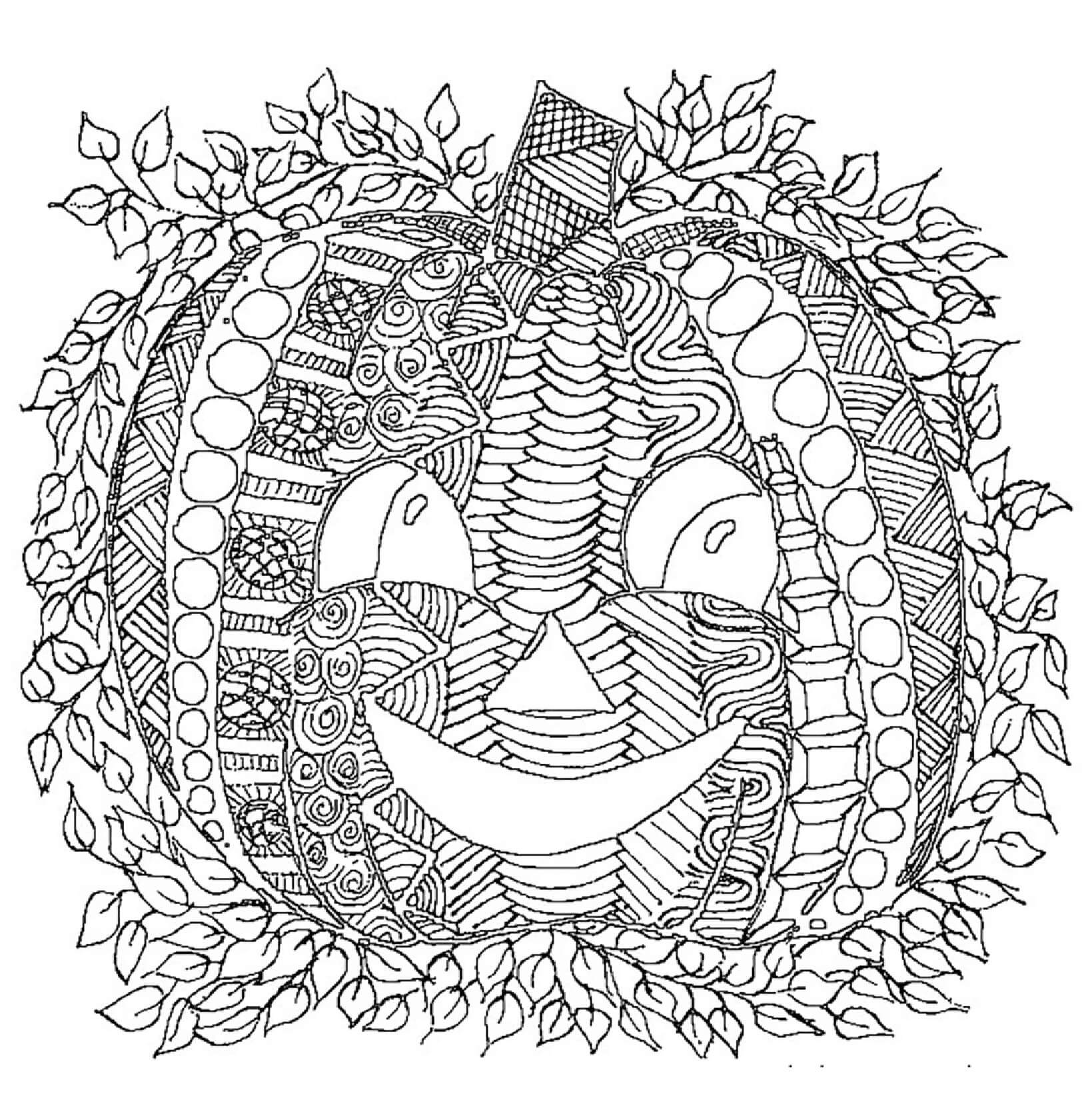 할로윈 만다라에 나뭇잎이 있는 호박 coloring page