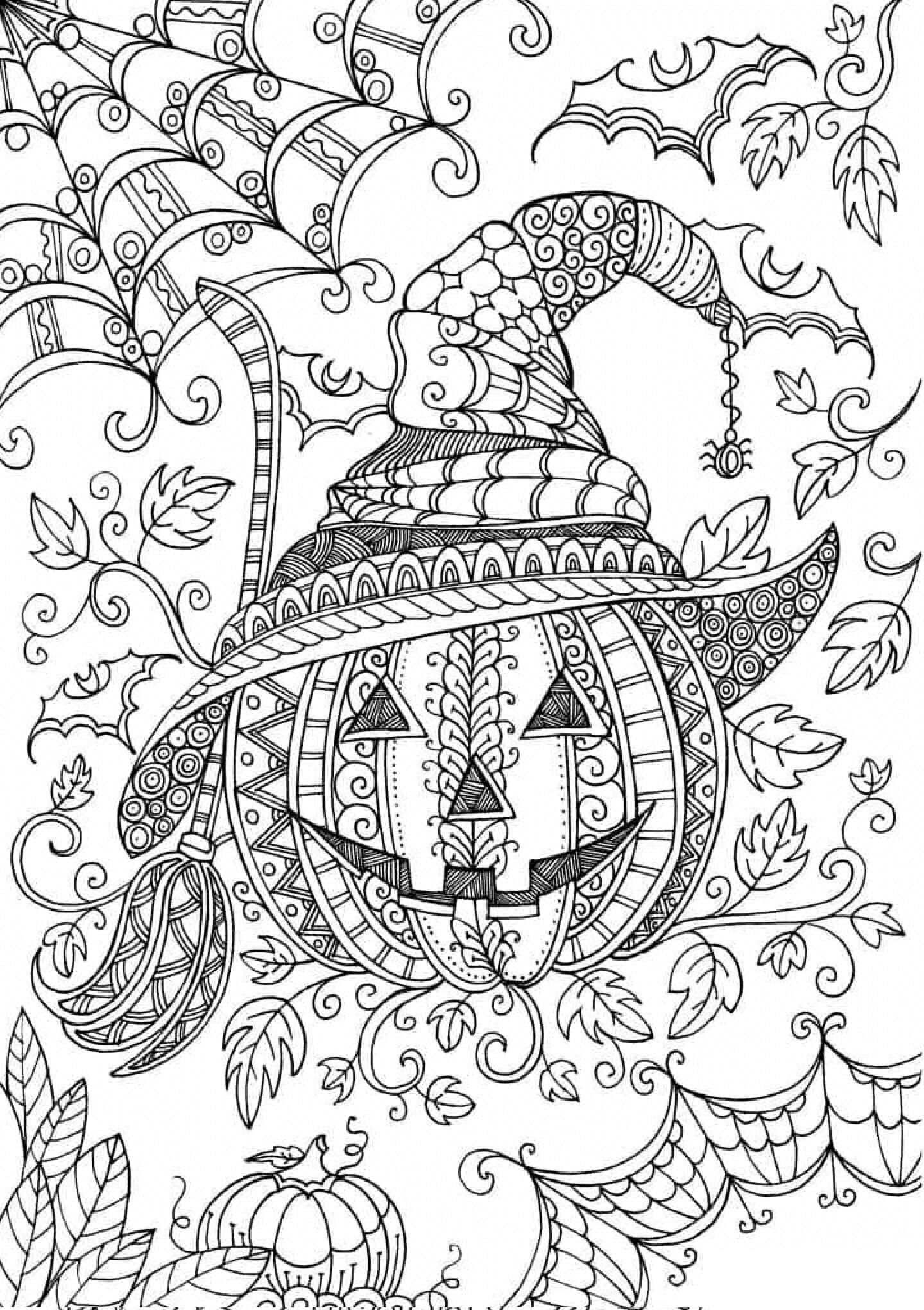 할로윈 만다라에서 마녀 모자를 쓰고 있는 호박 coloring page