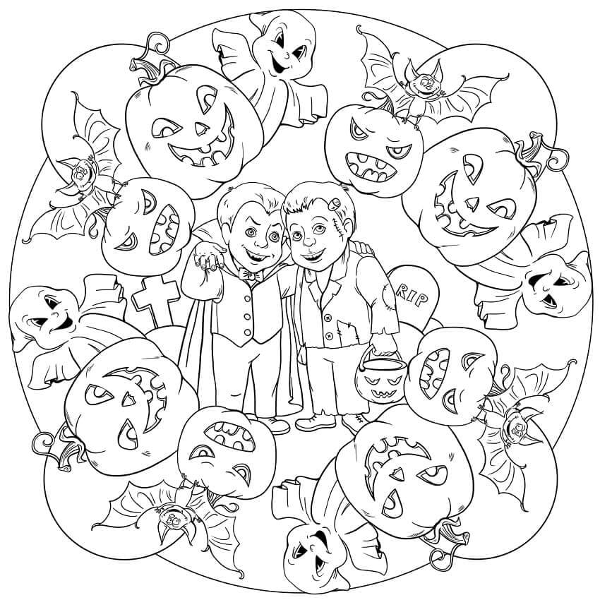 할로윈 만다라의 호박과 유령이 있는 두 드라큘라 coloring page