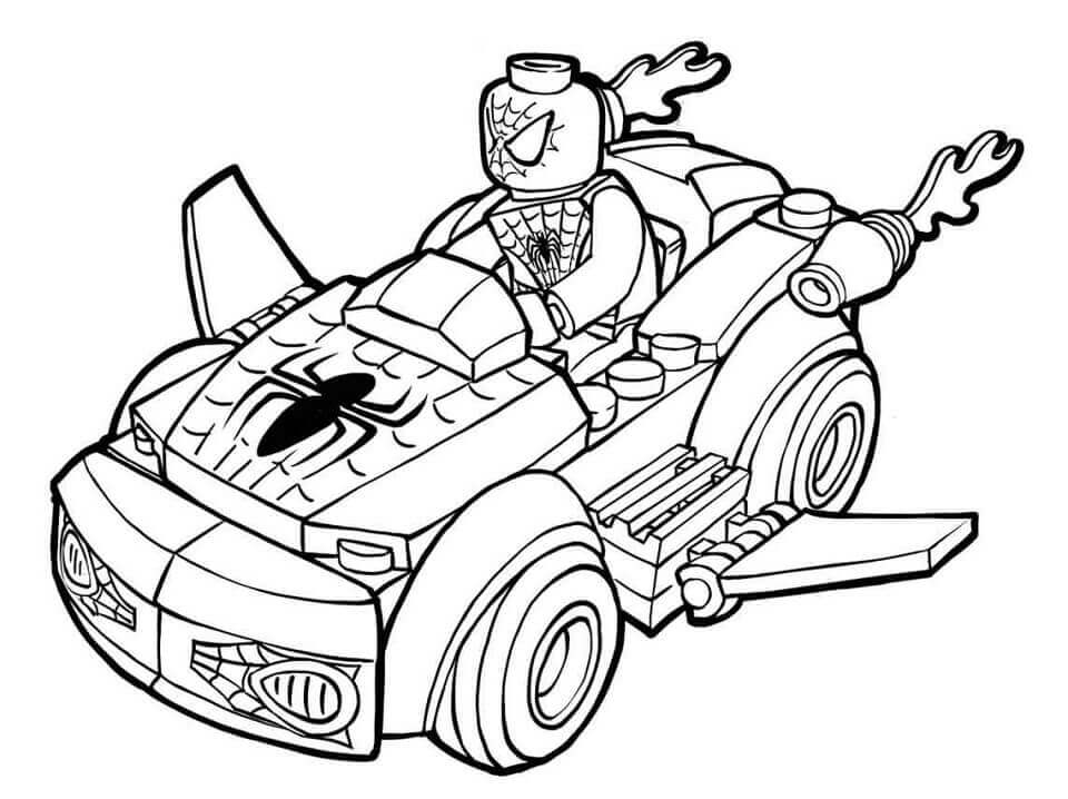 자동차를 운전하는 레고 스파이더맨 색칠 - 온라인에서 무료로 다운로드, 인쇄 또는 색칠하기