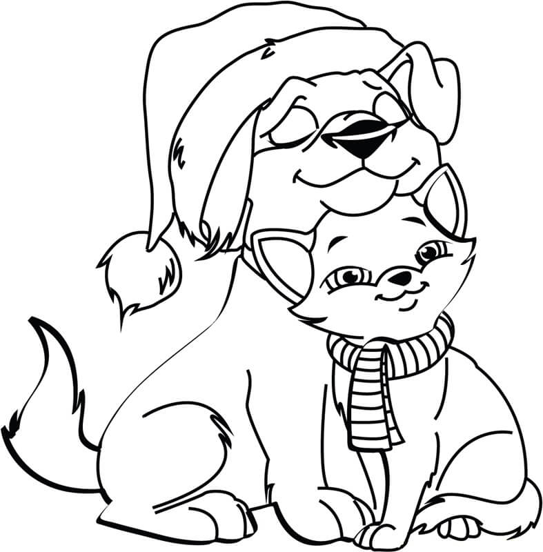 크리스마스에 개와 고양이 coloring page