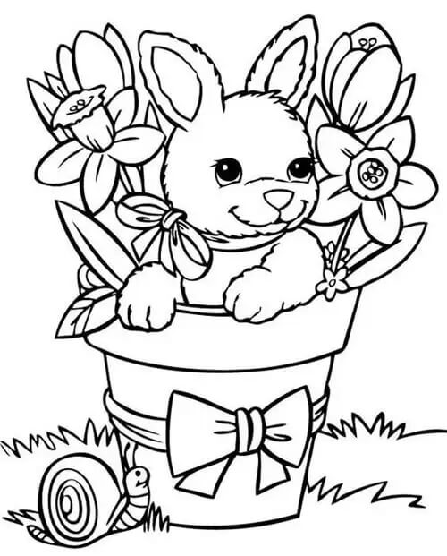 꽃을 든 토끼와 봄의 달팽이 coloring page