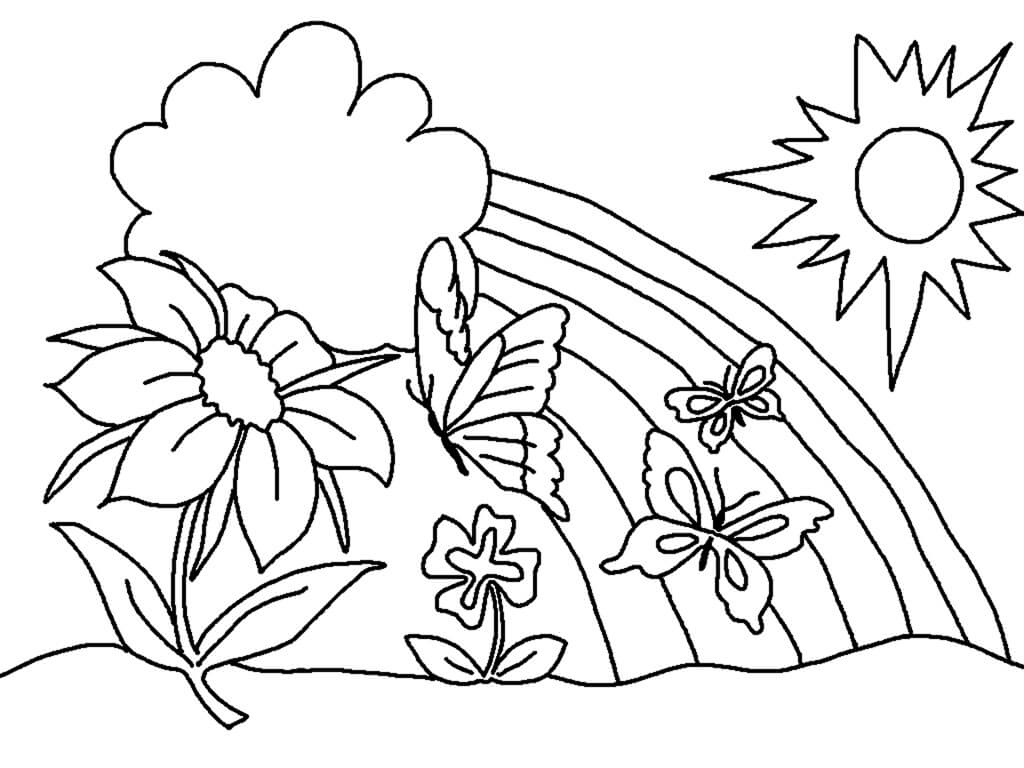 꽃, 나비, 봄의 태양과 무지개 coloring page