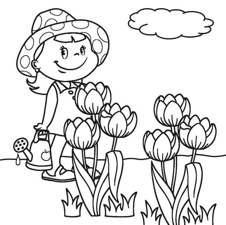 꽃밭의 어린 소녀 coloring page