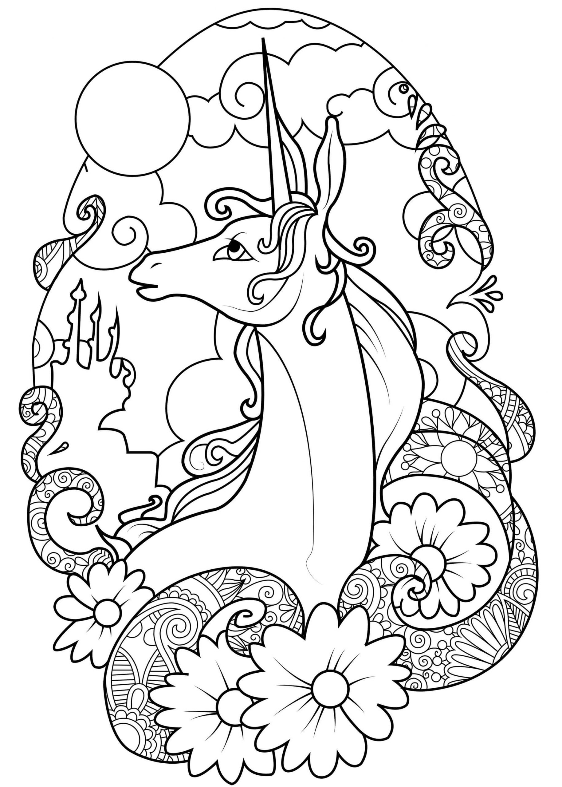 꽃과 유니콘 얼굴 coloring page