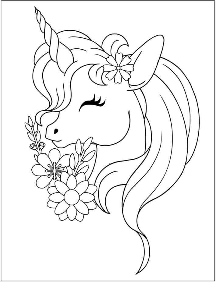 꽃과 유니콘 머리 coloring page