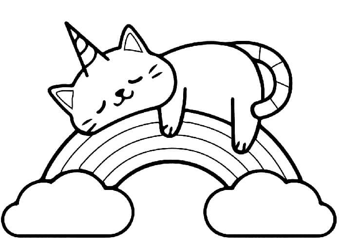 레인보우 위에서 자고 있는 유니콘 고양이 coloring page