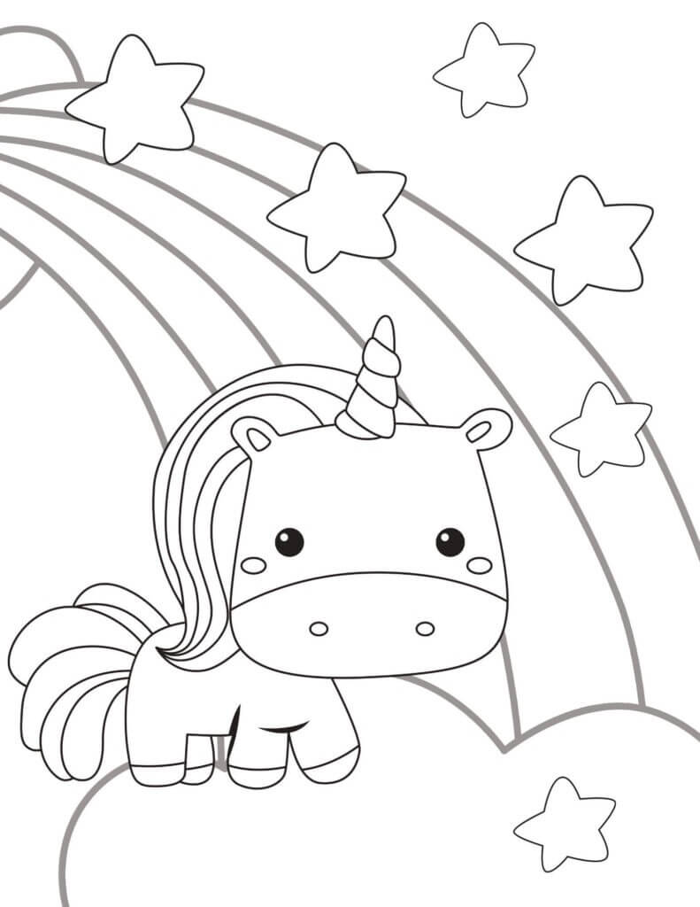 무지개와 별을 가진 아기 유니콘 coloring page