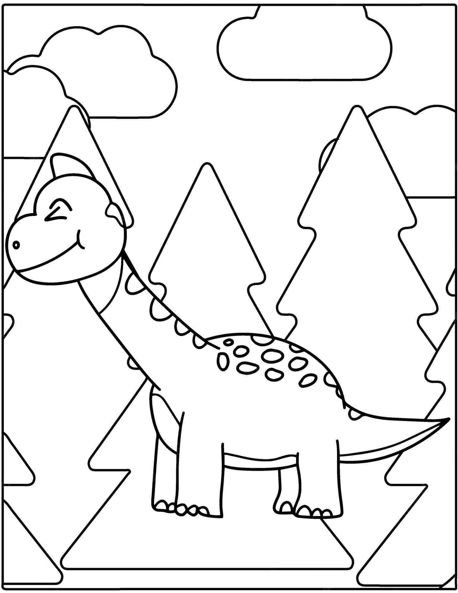 나무와 구름이 있는 만화 공룡 coloring page
