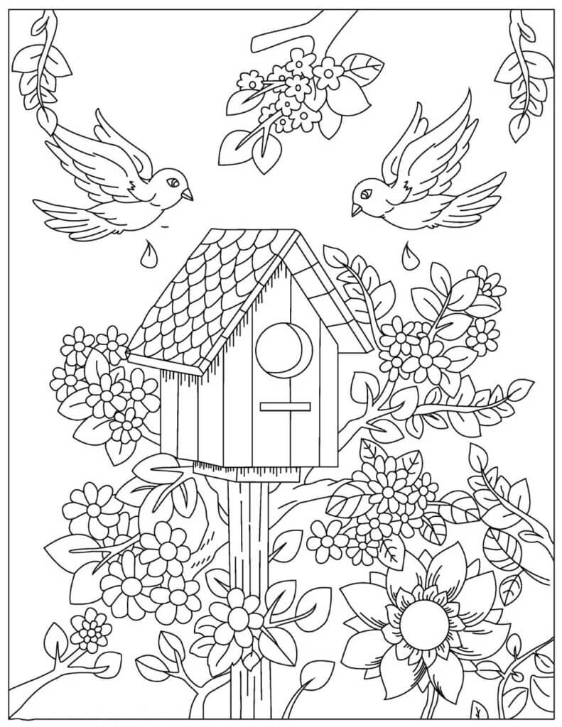 새, 둥지 및 꽃 coloring page