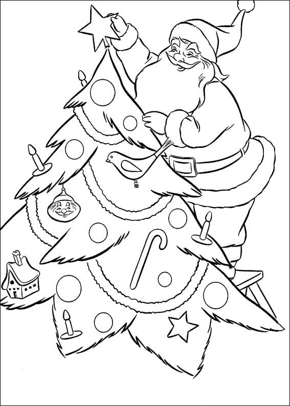산타클로스가 크리스마스 트리를 장식하고 있다 coloring page