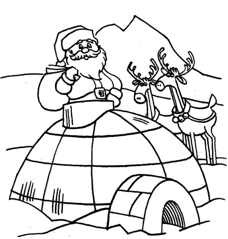 산타클로스와 이글루를 안고 있는 순록 두 마리