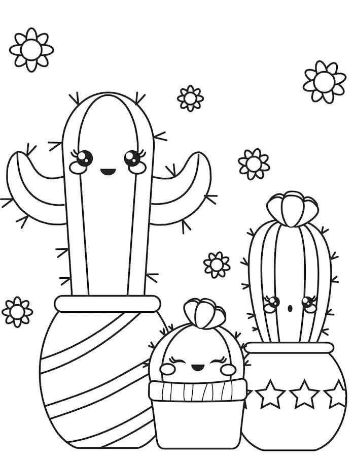 세 개의 귀여운 화분에 심은 선인장 coloring page