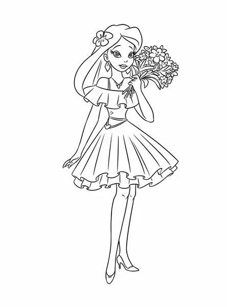 소녀는 꽃다발을 들고 있다 coloring page