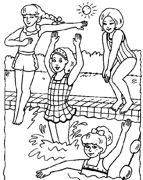 수영장에 있는 네 명의 소녀 coloring page