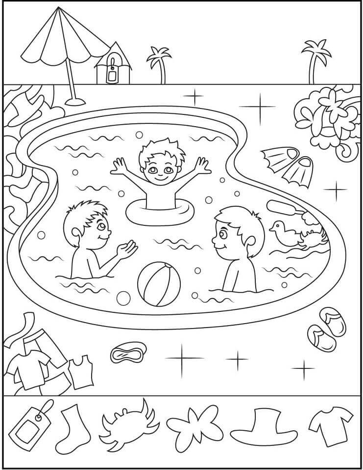 수영장에 있는 세 아이 coloring page