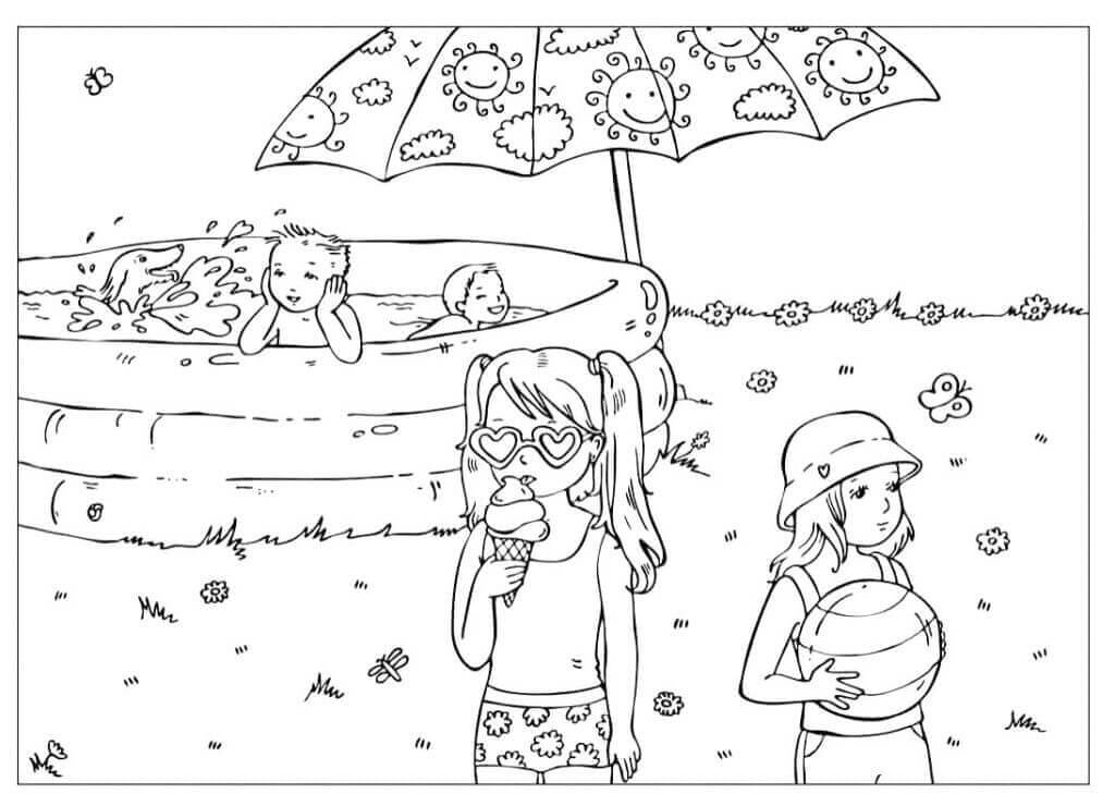 수영장에서 목욕하는 두 아이와 두 소녀 coloring page